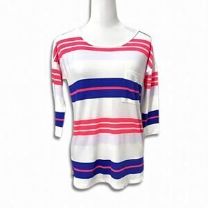 Gap T-Shirt Stripe 3/4 Sleeves Round Hem Chest Pocket Comfortable Multicolor PXS